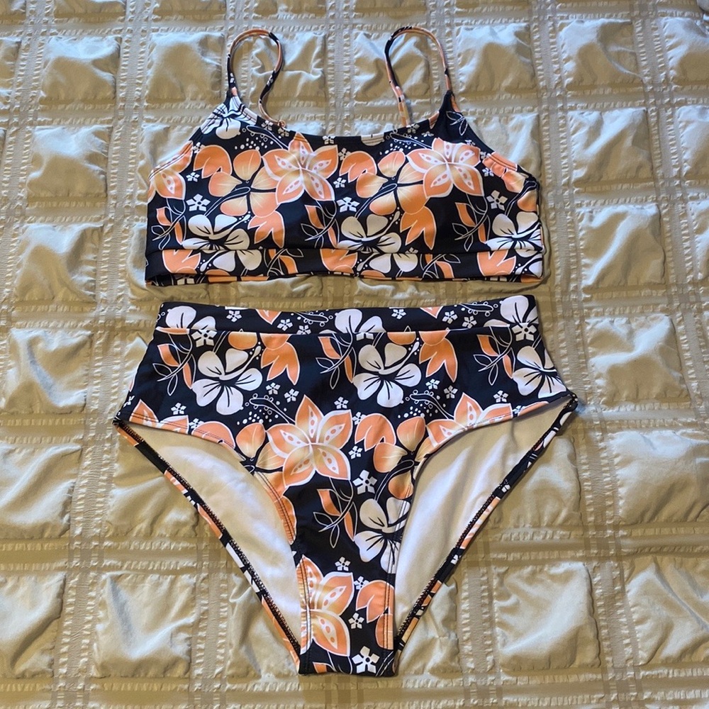 High-Waist Floral Bikini Set - Peach & Black